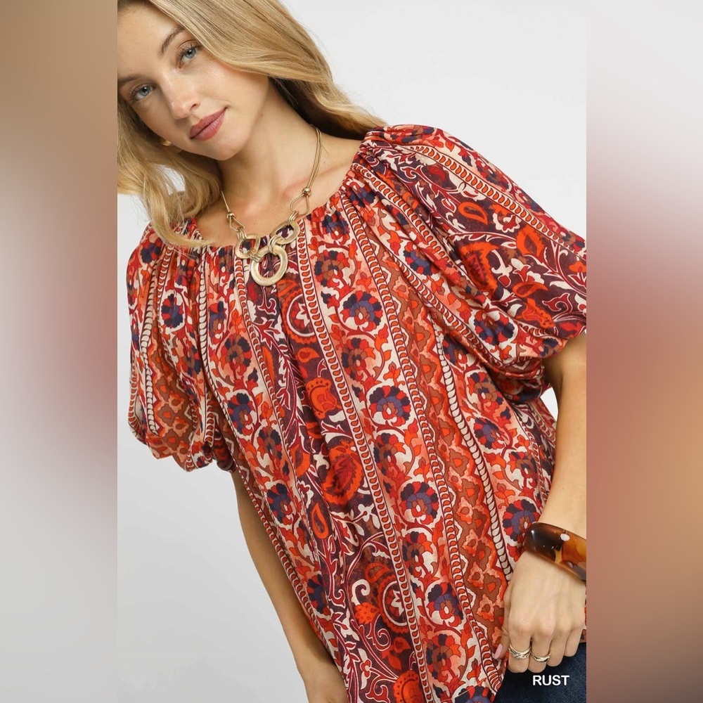 Umgee Rust Boho Paisley Puff Sleeve Oversized Blouse NWT Size S - Picture 2 of 8
